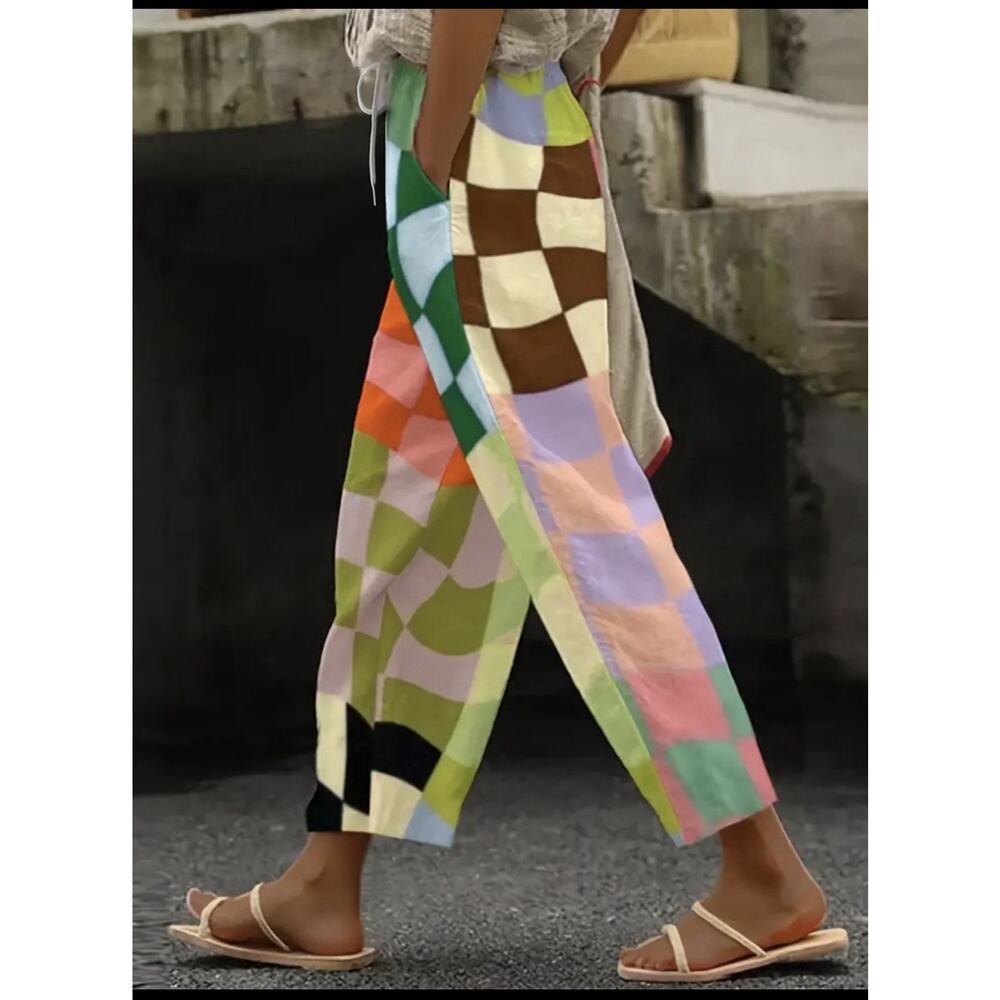 Colorblock Checkered Pants Boho Wide Leg Elastic Waist Lounge Size Small